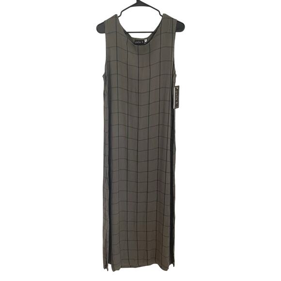 NWT Maxi Dress XL Gray Windowpane Plaid Tencel Sleeveless Side Slit Minimalist - Picture 1 of 8